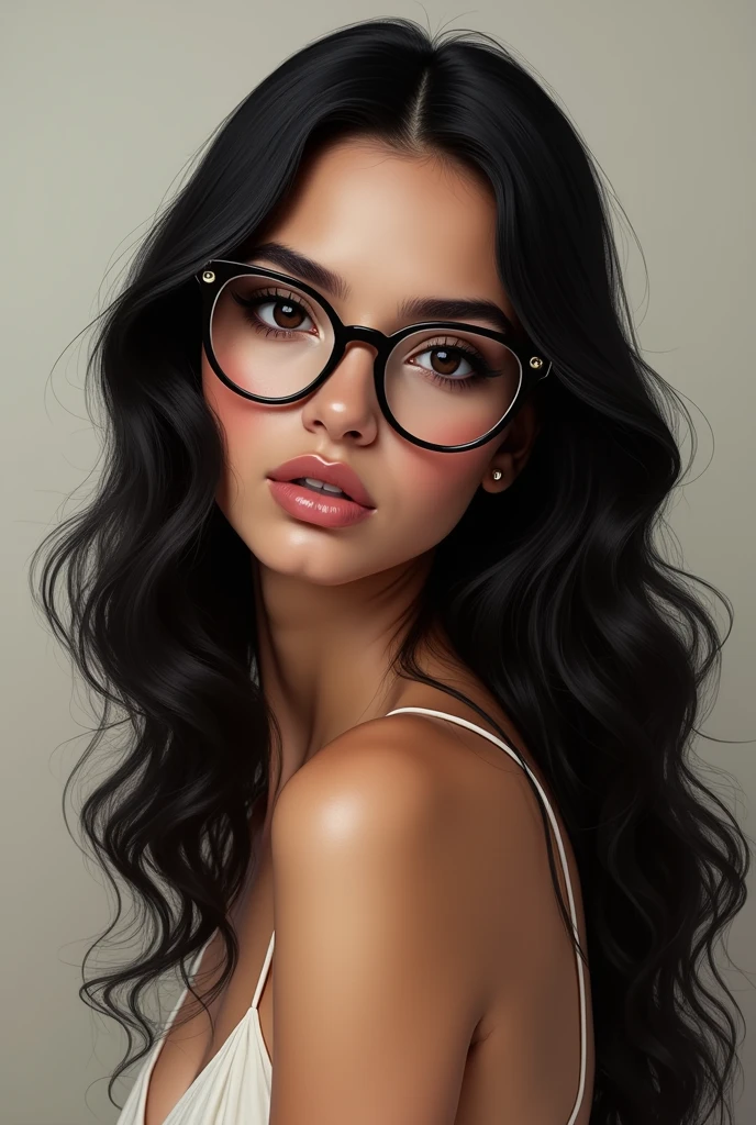 A light-skinned woman with big eyes and glasses, long, black wavy hair and a thin Brazilian hairstyle
