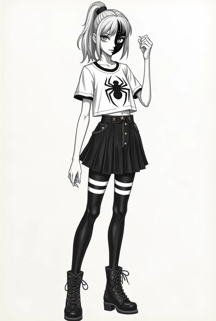 A sketch of a girl with half her face in Venom makeup, with a ponytail in her hair,  wearing a short-sleeved blouse with a Venom spider in the center ,  and with a black skirt with two white stripes , The stockings are below the knee in black and have two white stripes, and black military-style boots with black decorative confetti on the sides