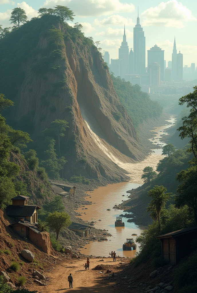 Picture a town located at the foot of a hill devoid of vegetation and life due to deforestation. At the top, the hill shows a landslide that destroyed the houses below it. Around the hill, put an image of a bulldozer cutting down trees, trees that have been cut down, and barren land. At the bottom, add the image of muddy water flowing from the hills to the luxurious city, causing floods that destroy human habitations. This image of helpless humans in the face of disaster can be shown in a state of panic or trying to save themselves and their property and injured animals