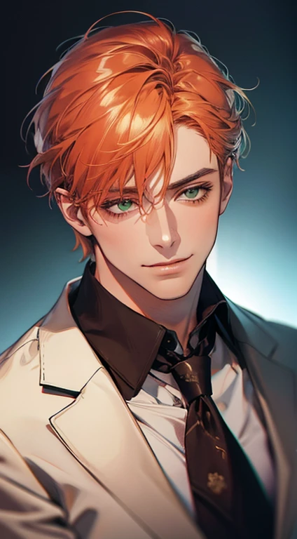 (Highest quality,4K,8K,High resolution,masterpiece:1.2),Super detailed,(Realistic,photoRealistic,photo-Realistic:1.37),1 personld,Mature Men,Beautiful skin、very handsome,Expressionless smile in love,Short orange hair,green eyes,Sharp Eyes,A perfect face without a doubt,Businessman, CEO, Office Background,Cinema Lighting,HDR image,tie、