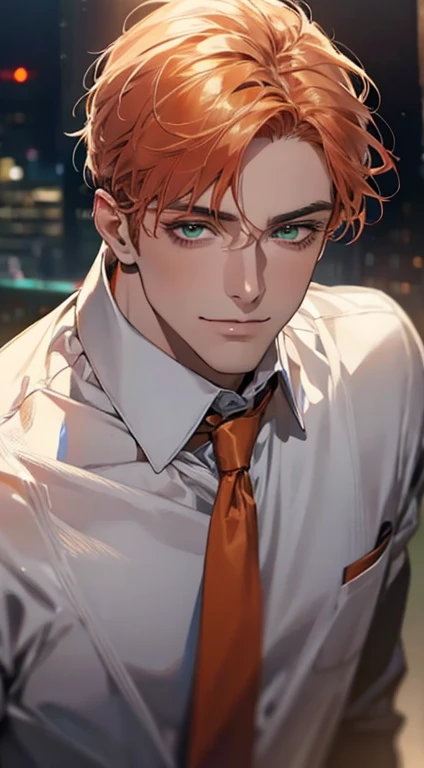 (Highest quality,4K,8K,High resolution,masterpiece:1.2),Super detailed,(Realistic,photoRealistic,photo-Realistic:1.37),1 personld,Mature Men,Beautiful skin、very handsome,Expressionless smile in love,Short orange hair,green eyes,Sharp Eyes,A perfect face without a doubt,Businessman, CEO, Office Background,Cinema Lighting,HDR image,tie、