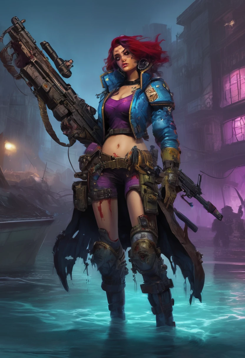 Sophi turner is infected by a Gene Stealer in warhammer 40k ( ragged clothes, 4 large chitinous arms ending in 3 large claws, 4 eyes on the right side of her head, insanely large mouth full of red sharp teeth, long purple tapered tongue, extra powerful legs,skin mottled with ugly chitinous patches, tattered blue uniform of the Astra Militarum), she is poised over a pool of water catching mutant fish in her clawed hands, ruined sci fi gothic city
