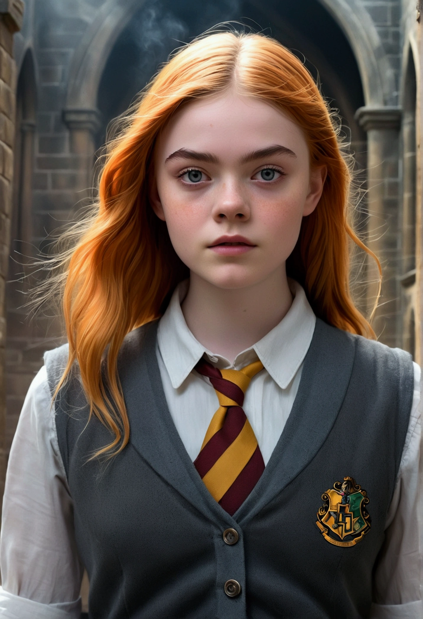 An illustrated movie poster, hand-drawn, full color, a teenage Hogwarts student, 18-years-old, female, wearing a charcoal vest and a pleated skirt, athletic hourglass figure, full wide hips, massive round butt, long shapely legs, ridiculously thick powerful thighs, vibrant eyes, deep dark auburn hair, messy pixie cut, flushed sun-kissed complexion, freckles, resembles Elle Fanning, standing in a foggy Hogwarts courtyard, surrounded by mist, graphite shading, stencil marks, airbrushed acrylic paint, masterpiece, close-up shot, in the style of the Deathly Hallows 
