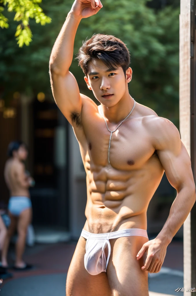 Don't close up, Tokyo street scenery, Tokyo street background, Full body photography, Crowded Tokyo street, very hot sunny day, crowded tokyi street scenery, Very micro red thong, Very hairy armpits, Very detailed finger, don't merge body, Very young Korean boy, ager boy, (photorealistic, masterpiece, best quality), white pale skin, muscular man, hunk, charming, attractive, wearing necklace in his neck, completely naked , Realistic, fully naked, nude, perfect , male , modeling for a photoshoot, editorial style, handsome man, detailed face, Topless, shirtless, boy, very young boy, Cinematic soft lighting illuminates a stunningly detailed and ultra-realistic handsome korean male supermodel, ultra messy curly hair, clear honey eyes, captivating perfect smile, sensual, hot man, insanely handsome, showing off his sweaty body, very sixpack muscular body build, slender, toned, full body, 8k, photography, masterpiece, detailed face, detailed eyes, detailed hands, in the crowded showing off his very bushy hairy armpits, only wearing very thin micro white thong with big hard dickprint bulge, very wet body, very sweaty body,