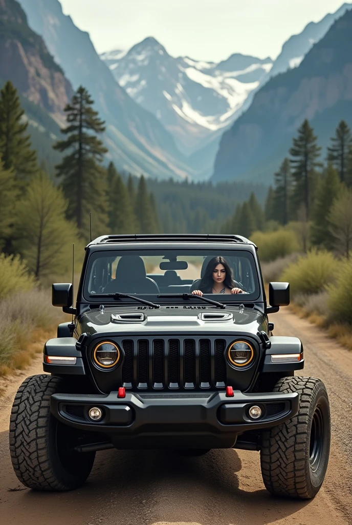 Image of a rich brunette latina woman driving a rubicon
