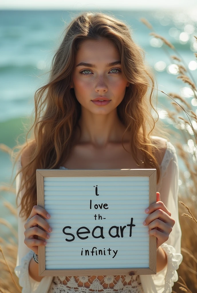 Beautiful girl with wavy long hair, bohemian dress, holding a white board with text "I Love Seaart Infinity" and showing it to the viewer