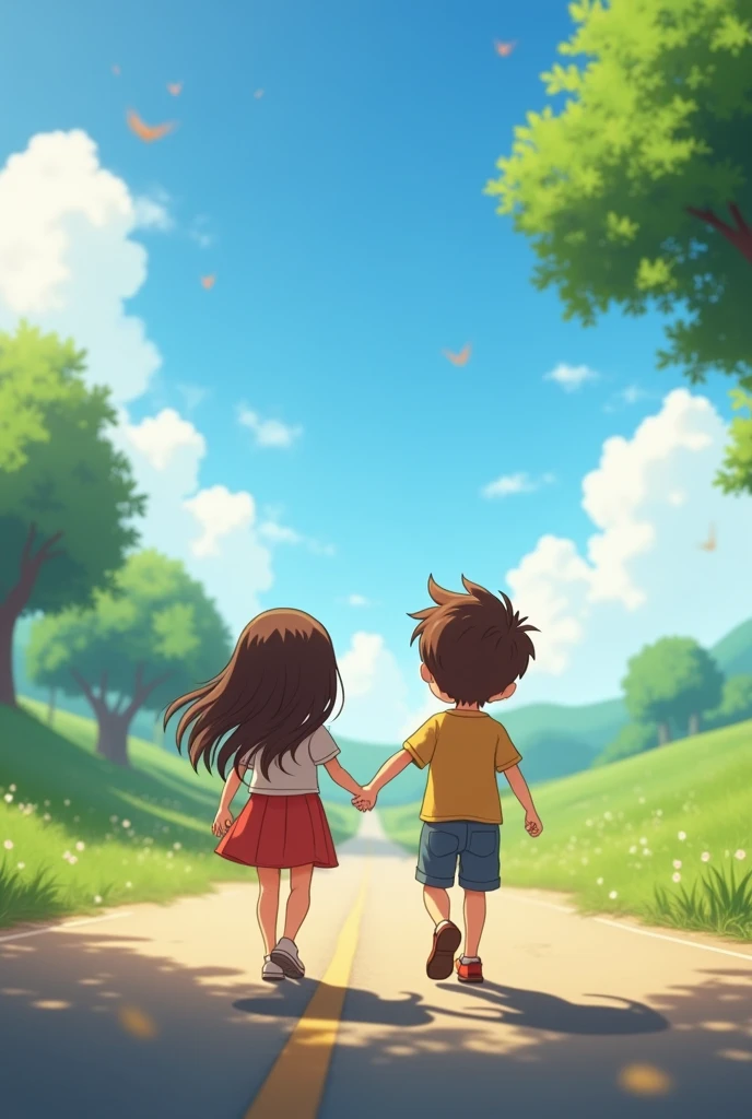 A 1 real young boy and girl are walking on the road holding hands, make very nice real video