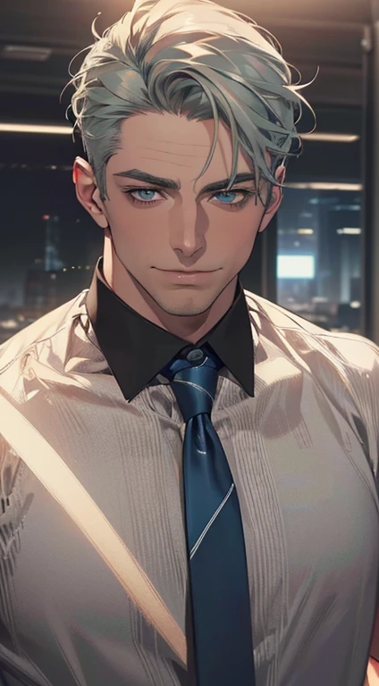 (best quality,4k,8k,highres,masterpiece:1.2),ultra-detailed,(realistic,photorealistic,photo-realistic:1.37),1 man,3,mature man,very handsome,without expression,smile,short grey green hair,blue eyes,penetrating gaze,perfect face without errors,imposing posture,businessman,office background,cinematic lighting,hdr image