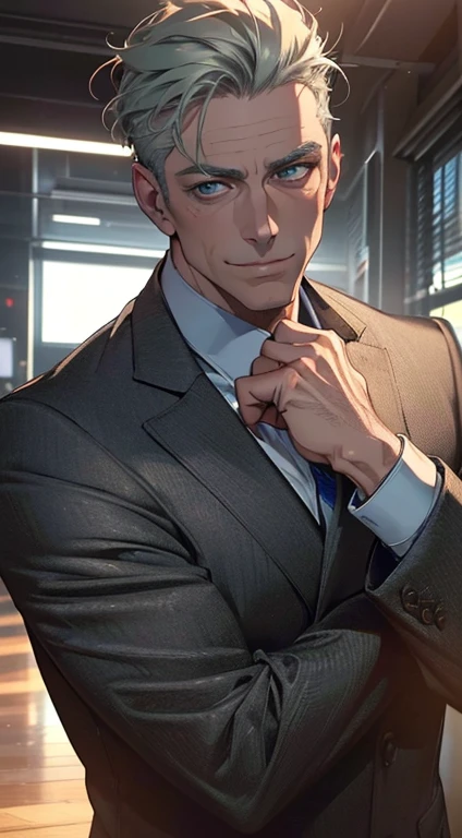 (best quality,4k,8k,highres,masterpiece:1.2),ultra-detailed,(realistic,photorealistic,photo-realistic:1.37),1 man,3,mature man,very handsome,without expression,smile,short grey green hair,blue eyes,penetrating gaze,perfect face without errors,imposing posture,businessman,office background,cinematic lighting,hdr image