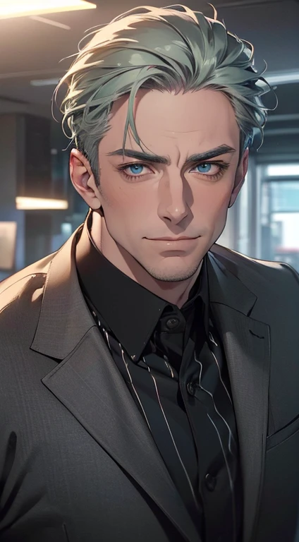 (best quality,4k,8k,highres,masterpiece:1.2),ultra-detailed,(realistic,photorealistic,photo-realistic:1.37),1 man,3,mature man,very handsome,without expression,smile,short grey green hair,blue eyes,penetrating gaze,perfect face without errors,imposing posture,businessman,office background,cinematic lighting,hdr image