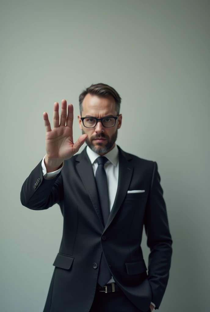 Man with tie rejecting friendships to people by putting his hand up as a sign of rejection