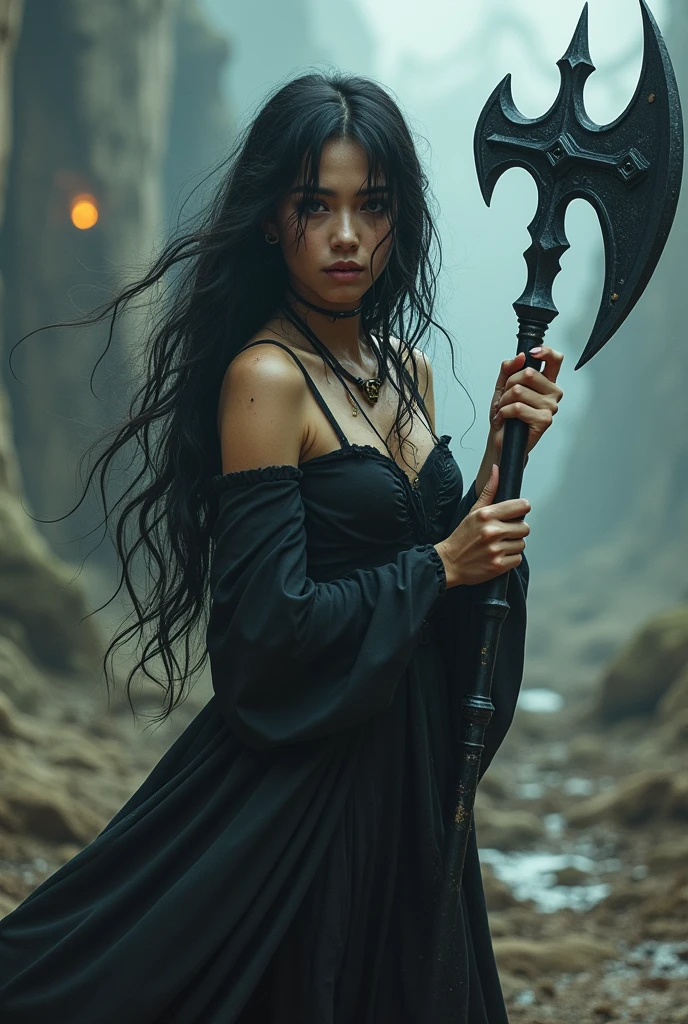 Create a black haired witch girl. And a wet dress, It is accompanied by a black cube that can be transformed into many things.. And the girl has a scepter in the shape of an axe with a very long handle.. That they are in a combat arena very hurt