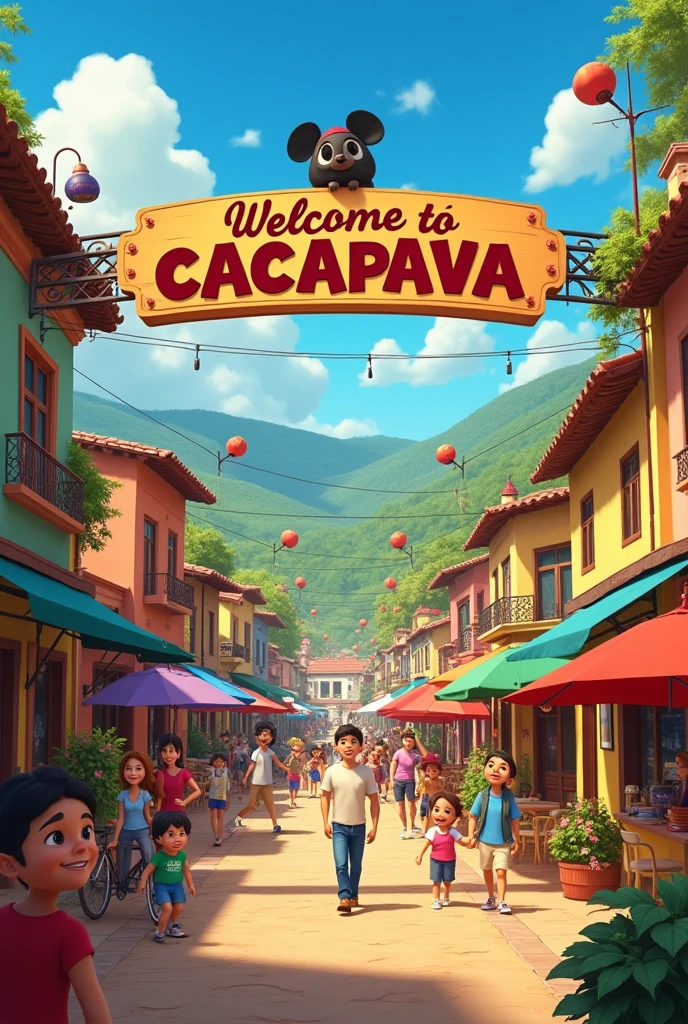 A Disney Pixar poster of a town with a sign saying Welcome to Caçapava 