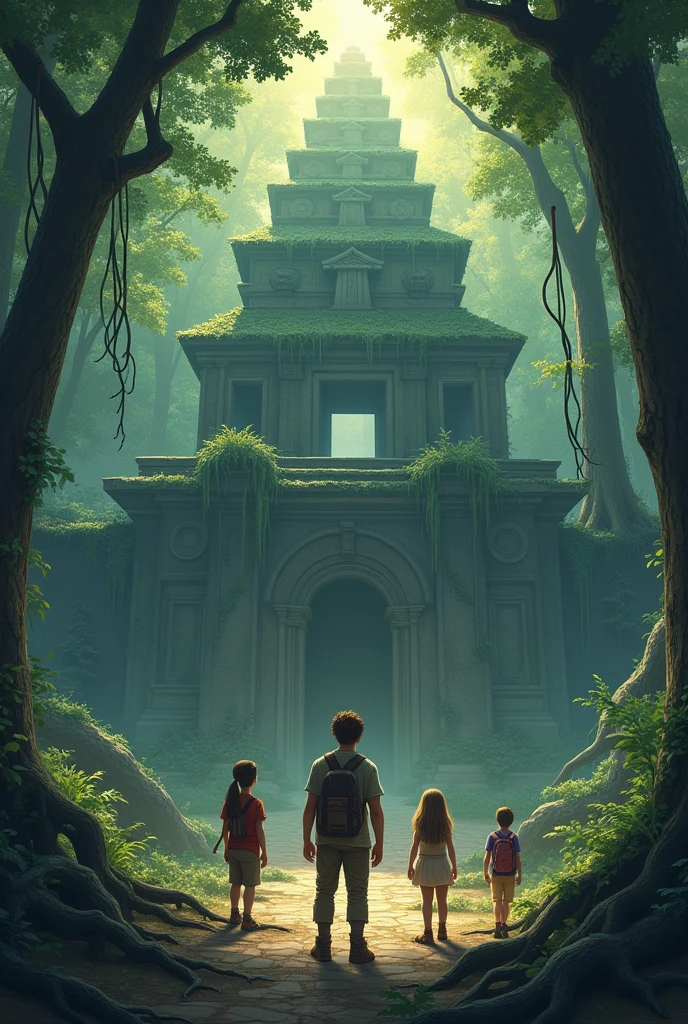 An illustration of a mysterious temple hidden deep within a dense forest. The temple is partially covered by roots and moss, with a sense of ancient mystery surrounding it. In the foreground, four young explorers stand, looking in awe at the temple. The protagonist, Drake, is at the center, subtly highlighted by a soft breeze that ruffles his hair, hinting at his connection to the wind. The background shows towering trees with sunlight filtering through the leaves, casting a mystical glow on the scene.