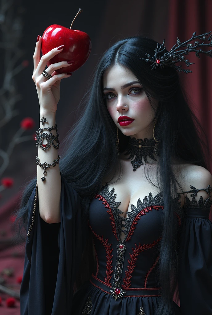 A dark and beautiful woman with long black hair, dressed as a witch queen with intricate accessories, holding a poisonous red apple, (best quality,4k,8k,highres,masterpiece:1.2),ultra-detailed,(realistic,photorealistic,photo-realistic:1.37),detailed eyes,detailed lips,extremely detailed face,longeyelashes,dark fantasy,gothic,dramatic lighting,dramatic pose,chiaroscuro,rich colors,deep red,deep purple,black and red