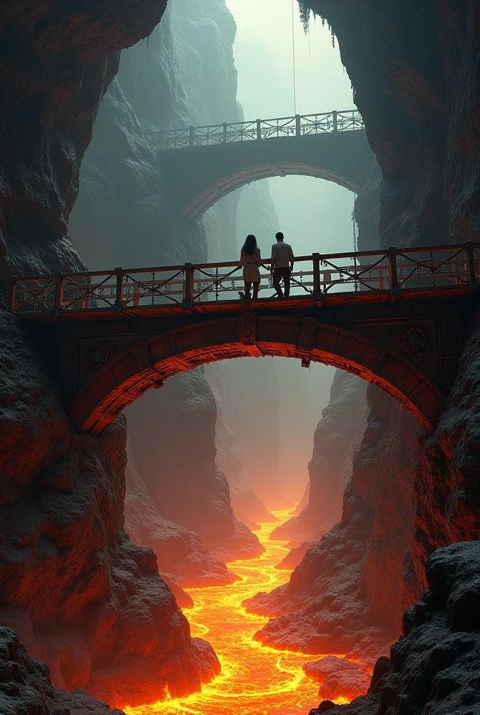 A huge rusty iron bridge connected to a cave and another cave and under the bridge there is a river of lava. And two scientists crossing one to the other end of the bridge, one in the middle. . They are a man and a woman with loose black hair