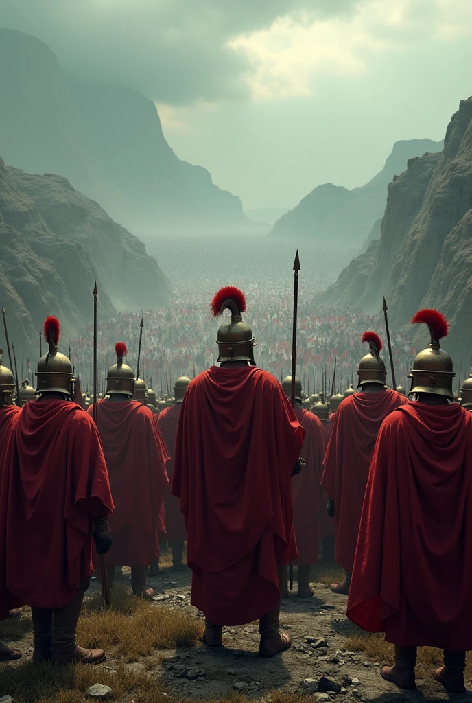 Battle of Thermopylae, view from the top of a mountain, three hundred Spartan with thousands of Persian soldiers, gloomy day