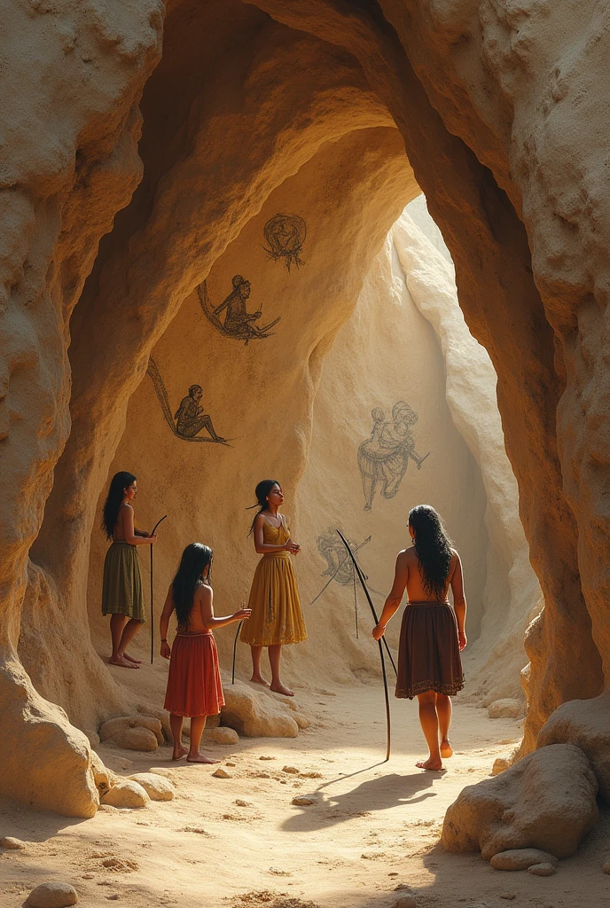  A cave drawing about primitive women, its production, art and his family 