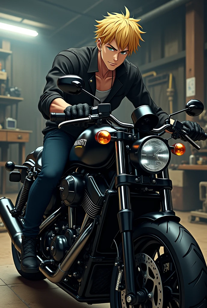 Anime blond man with black boober motorcycle in workshop