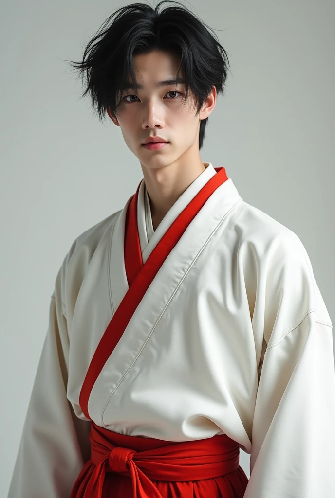 A man with a youthful appearance, large expressive eyes, and tousled medium-length hair.
**Hakama Design**: A deep red *hakama* with a white *kimono* featuring bold geometric shapes.
