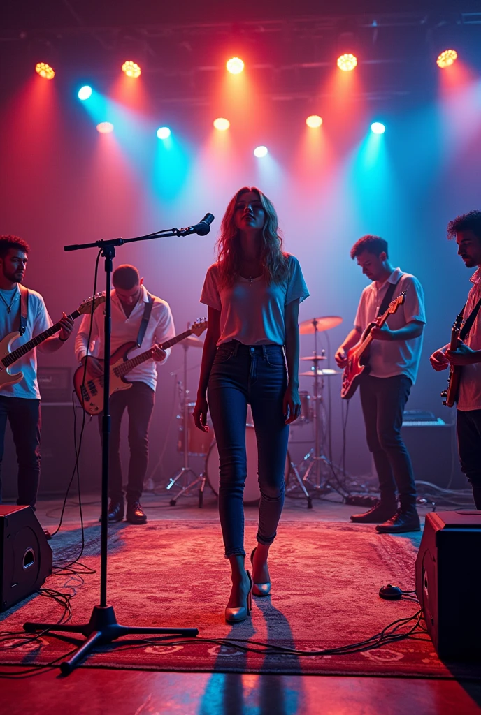 a band in the studio,That's 6 people, one with guitar, one with bass, one on drums, one at the DJ table and a woman in front