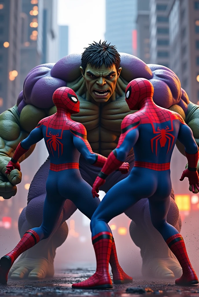 Blue Spider-Man and red Spider-Man versus purple Hulk