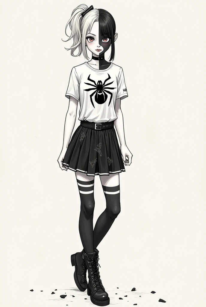 A sketch of a girl with half her face in Venom makeup, with a ponytail in her hair, wearing a short-sleeved blouse with a Venom spider in the center , and with a black skirt with two white stripes , The stockings are below the knee in black and have two white stripes, and black military-style boots with black decorative confetti on the sides