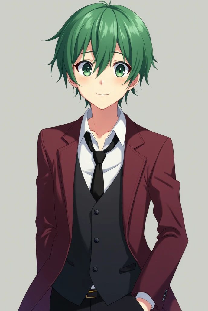 More mature anime style image. A gray background image. Teenager with short green hair and the same eye color. He had a happy and captivating smile on his lips. He wore a white dress blouse with a loose black tie, a black vest under a dark red blazer and black pants.