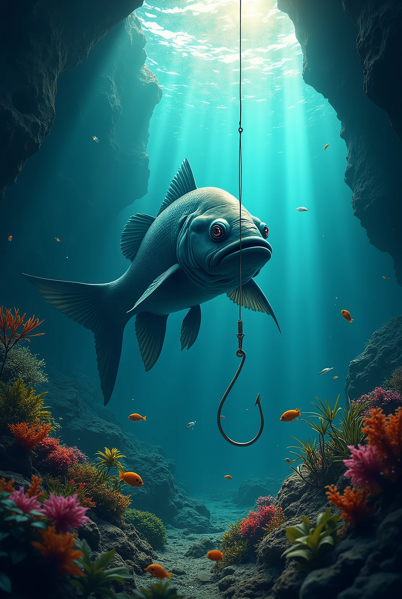 Create a cinematic poster featuring (big fish underwater),(best quality,ultra-detailed,realistic),the fish is looking at fishing hook:1.5 ,At the bottom of the poster, place the text "It's obvious" in large bold distressed letters, underwater photography,clear blue water,lush underwater plants,colorful coral reefs,tropical fish swimming gracefully,big zander fish lurking in the shadows,sparkling sunlight piercing through the water surface,scattered bubbles adding a sense of movement,dimly lit underwater cave in the background,vibrant colors illuminating the scene,faint rays of light enhancing the mystery and beauty of the underwater world,