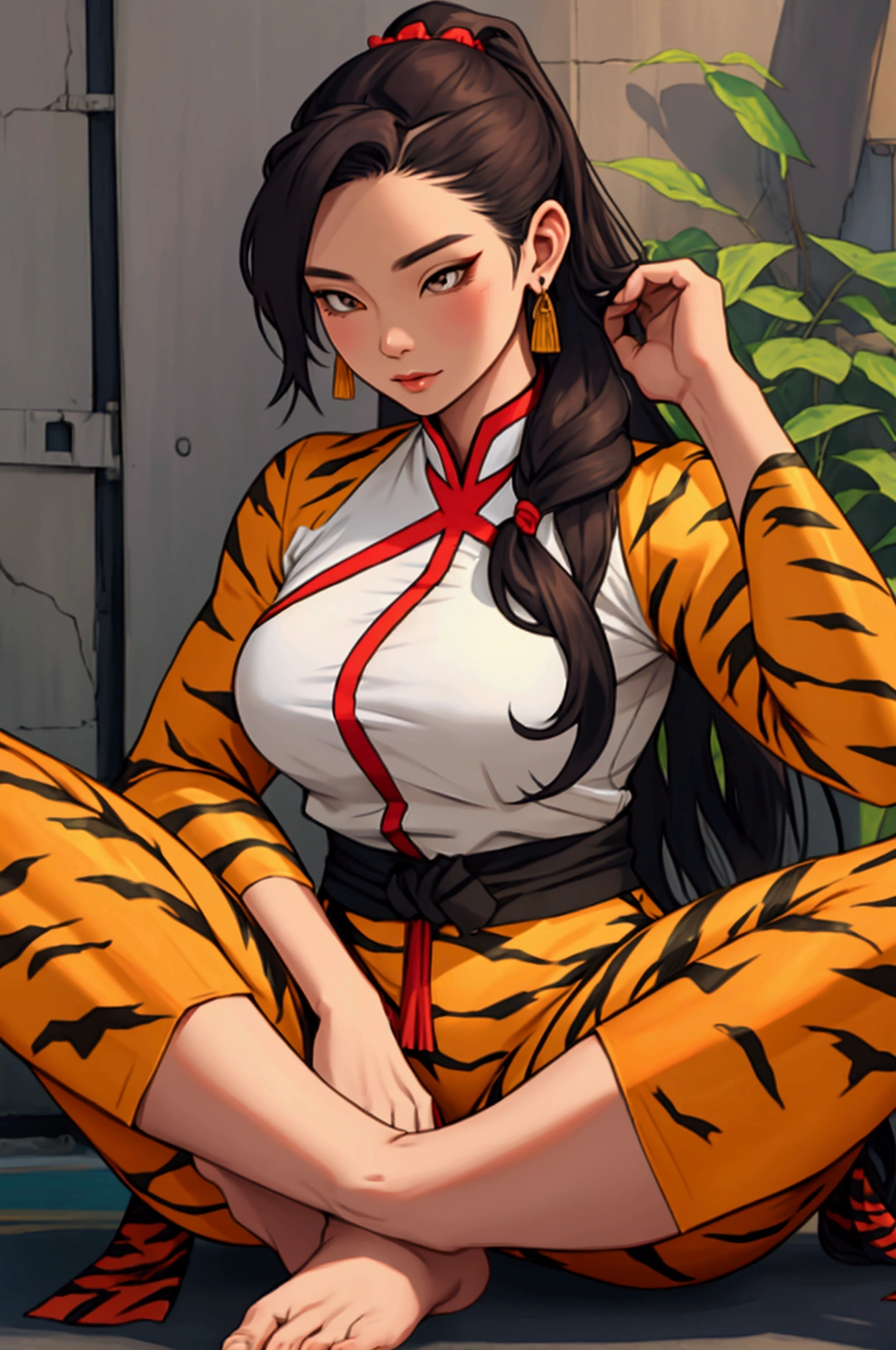 woman,Wearing a Thai tiger-patterned outfit,Long hair tied at the head, No feet ,