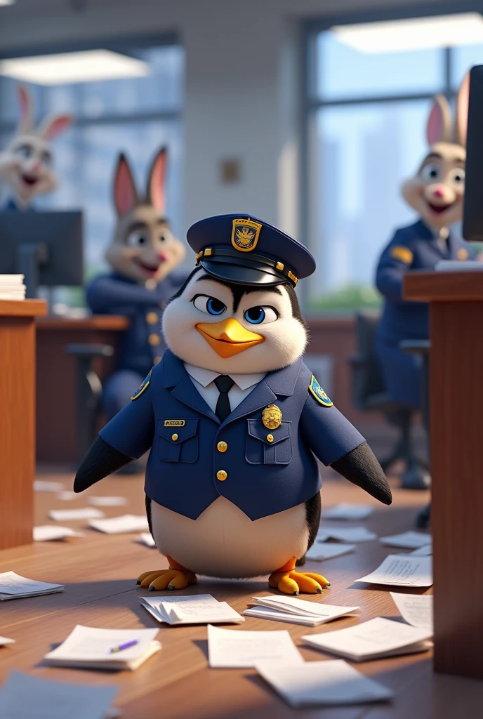 A penguin like the animals from Zootopia. inciting chaos at judy hops. the rabbit from zootopia
