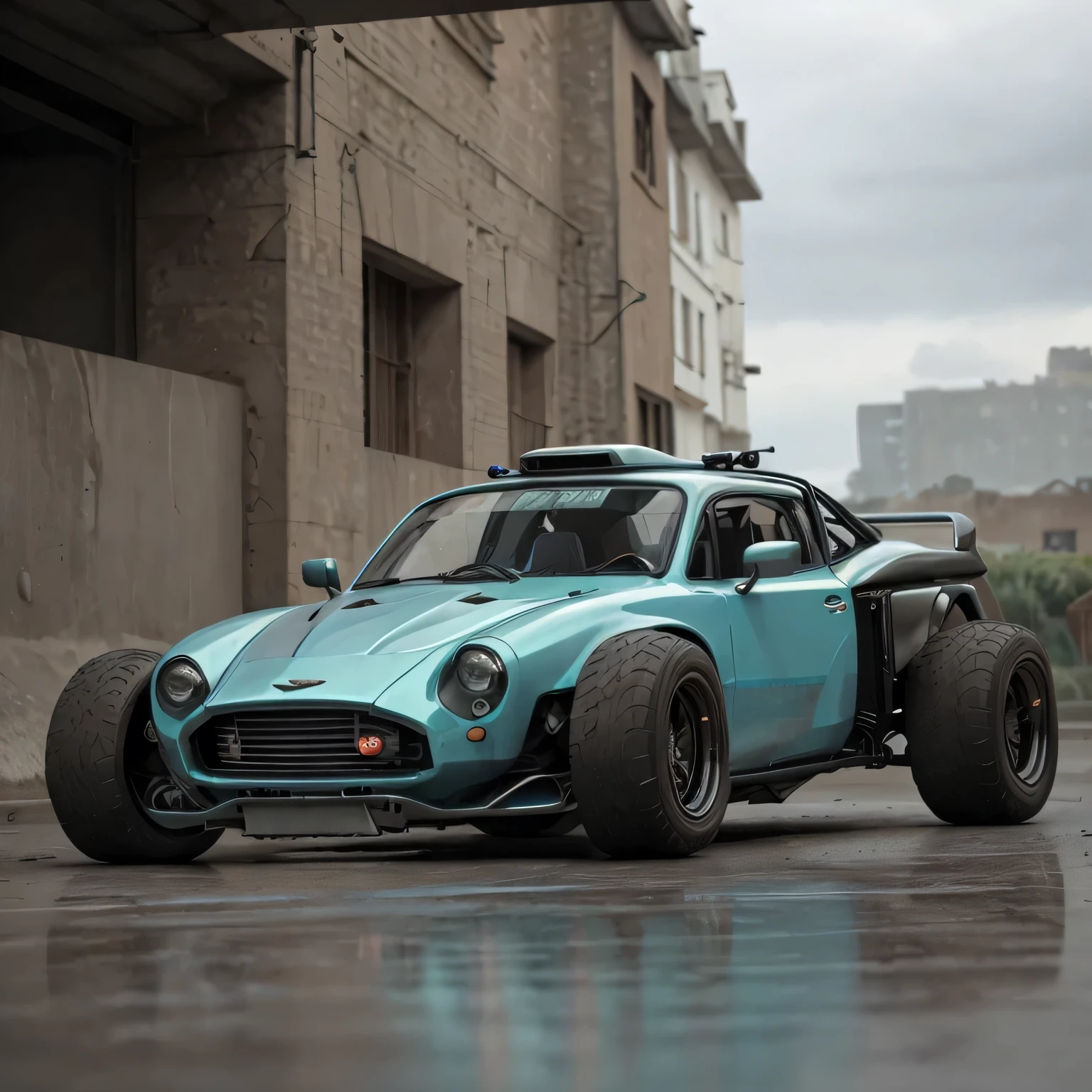 GoPro Shot From One (Cyberpunk Aston Martin Tuk-Tuk), 3/4 Vista Frontal, Wide-angle action shots, Post-apocalyptic, 屋outside, evening, path, destruction, De-airing, outside, City wall in background, Master Parts, Realistic, 8k, Attention to detail, Dark Theme,