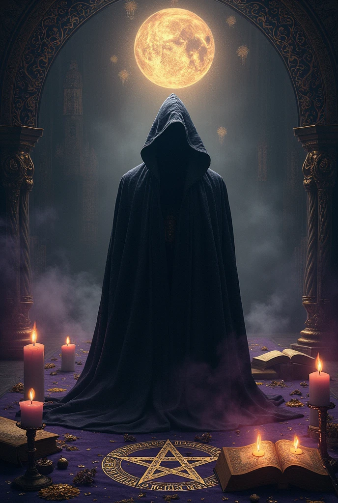 Create a captivating and mysterious cover for a video about occultism. Use a dark and deep color palette, such as black, purple, and gold. Incorporate symbolic elements like pentagrams, runes, and ancient books. Include a central figure, such as a wizard or alchemist, in a contemplative pose or performing a ritual. Add the video title in a font that evokes a sense of mystery and esotericism. Ensure the cover is visually striking and piques viewers' curiosity."