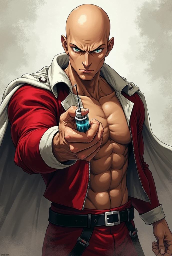 Saitama from One Punch Man with a syringe in his hand and a defiant look 