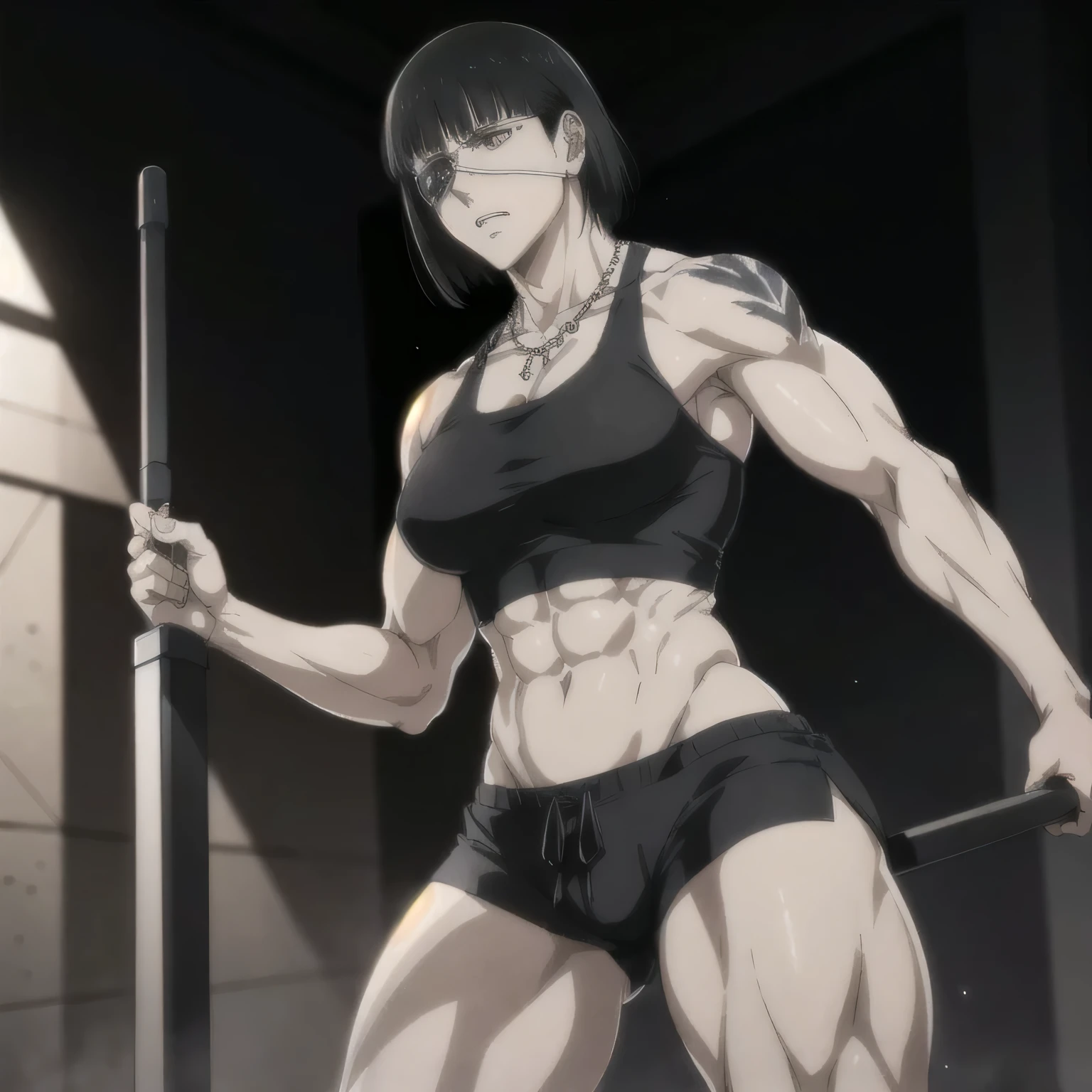 best quality,ultra-detailed,realistic:1.37),musclaur badass girl with sculpted body with preview her musclaur body and six-pack, full review of the female character's face and body, intense expression, strong and confident posture, studio lighting, vivid colors, physiologically-based rendering, grungy texture, rugged background, dust particles in the air, commanding presence, professional, powerful, gritty aesthetics,,Valmet،short hair,necklace,Light reflection on shoulders,clean muscles،wearing black sport shorts and red gym tank top,tattoos on shoulders،muscles review( girl solo),eyepatch,Shining muscles,eyes detailing,fat free body,veins in muscles,penis growth inside shorts,Photo session,Matching remix,With both hands holding a metal rod, sexy muscles