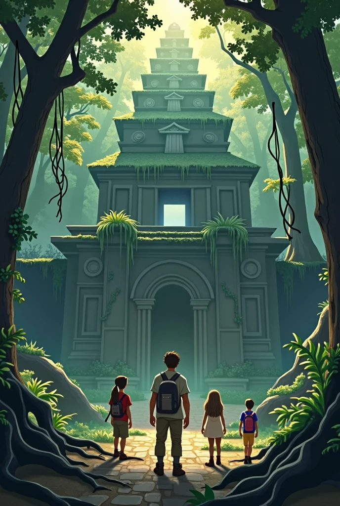 An illustration of a mysterious temple hidden deep within a dense forest. The temple is partially covered by roots and moss, with a sense of ancient mystery surrounding it. In the foreground, four young explorers stand, looking in awe at the temple. The protagonist, Drake, is at the center, subtly highlighted by a soft breeze that ruffles his hair, hinting at his connection to the wind. The background shows towering trees with sunlight filtering through the leaves, casting a mystical glow on the scene.