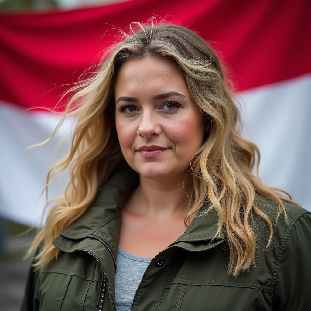 jewish woman, full weight body, blonde long wavy hair, short neck, straight focus, outdoor outfit jacket, close up portrait, in front of Indonesia flag