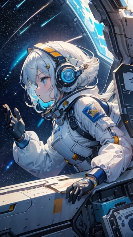 (((masterpiece))), (((Highest quality))), ((Very detailed)), (Highly detailed CG illustrations), ((Very delicate and beautiful)),(From the side),Cinematic Light,A girl climbs into the cockpit,whole body,Boarding a small spaceship，In the cockpit，Starry Sky, Big Clouds,colored glaze,Run up the ramp，Space Station、Preparing for takeoff、Spacesuit