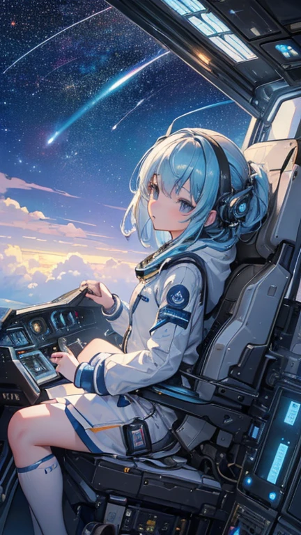 (((masterpiece))), (((Highest quality))), ((Very detailed)), (Highly detailed CG illustrations), ((Very delicate and beautiful)),(From the side),Cinematic Light,A girl climbs into the cockpit,whole body,Boarding a small spaceship,In the cockpit,Starry Sky, Big Clouds,colored glaze,Run up the ramp,Space Station、Preparing for takeoff、Spacesuit
