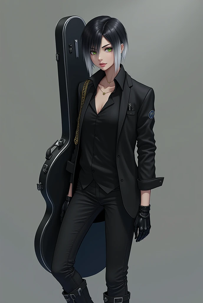 An RPG character with straight black hair and a gradient cut with white highlights., Green Eyes, Wearing a black vest under a black blazer, He wears black gloves on both hands, Black jeans, Wearing combat boots, On the back of the guitar case,
