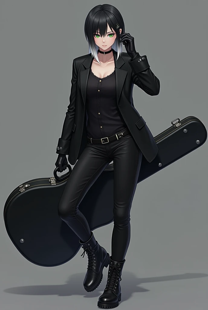 An RPG character with straight black hair and a gradient cut with white highlights., Green Eyes, Wearing a black vest under a black blazer, He wears black gloves on both hands, Black jeans, Wearing combat boots, On the back of the guitar case,