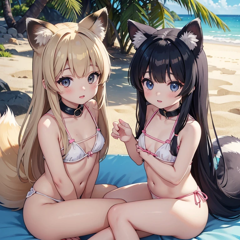 Two slightly young looking girls、They are playing together naked。 The left side of the image、It has raccoon ears on its head、Her hair is blue-gray with a raccoon pattern.、The hairstyle is short、The look on the face「Kemono Friends3」Similar to the raccoon dog、The color of the eyes is auburn、Wearing a collar with a blue ribbon、Has a raccoon tail on his butt。 The right side of the image、He has fox ears on his head、Her hair is orange-yellow and her bangs are slightly flipped outwards.、The hairstyle is long hair、The look on the face「Kemono Friends3」Similar to the Ezo red fox、The eye color is hazel、She wears a pink ribbon collar、Has a fox tail on his butt。 The background is a tropical beach with palm trees.、A composition that includes both people's entire bodies in the image、Both of them are posing cutely、They are having lesbian sex while frolicking on the beach。 Moe drawings using pen and watercolor。