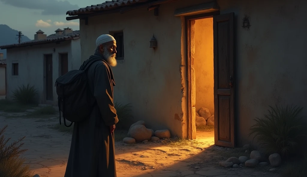 The old Muslim man with a beard and cap had traveled all day and in the evening took shelter in a house for the night.
