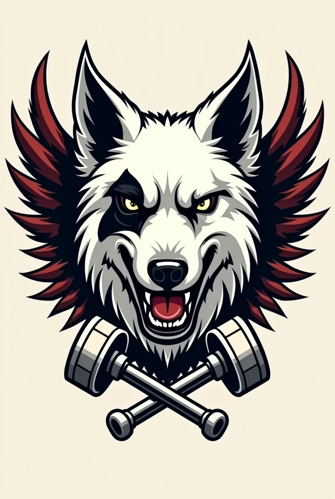 I need a coat of arms for a motorcycle club with a white border colie dog with only the right ear black(but not up to the eye) and angry in the middle but only his bust, with small wings coming out from behind him on the sides, and two crossed pistons coming out of the bottom of the dog's head