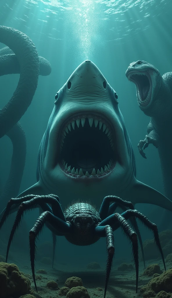 In the deep waters of the sea there is a great white shark coming to get me with its mouth open and its teeth showing., below a huge, hairy spider and next to the spider a giant, murderous snake, all three staring at me.