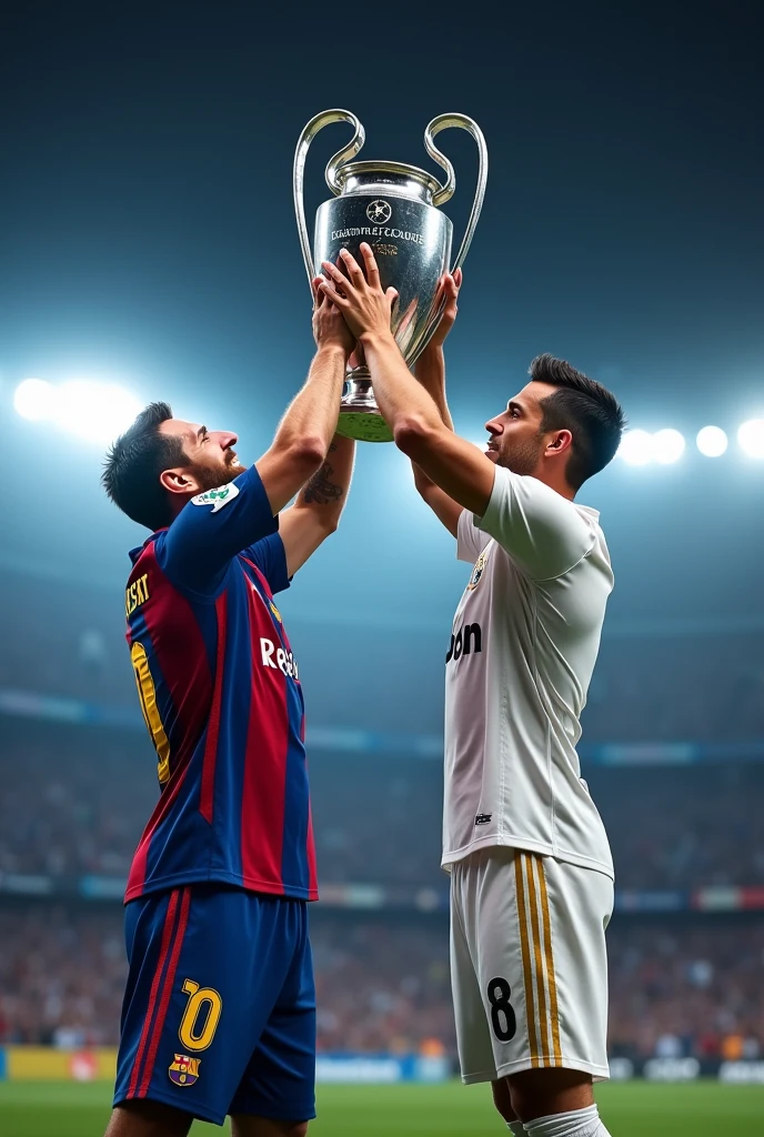 Generates an image of Messi alongside Cristiano Ronaldo wearing a Real Madrid shirt lifting the Champions League
