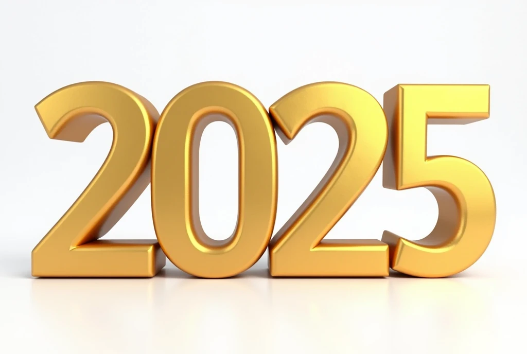 3d Golden Number 2025 Happy New Year on white background