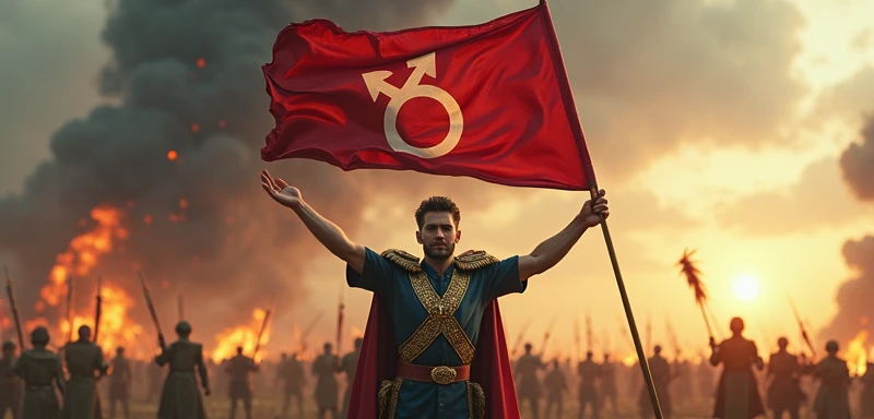 a brave man victoriously holding a flag with the symbol ♂, muscular male figure, detailed military uniform, patriotic expression, dynamic action pose, dramatic lighting, epic battle scene, cinematic composition, digital painting, photorealistic, (best quality,4k,8k,highres,masterpiece:1.2),ultra-detailed,(realistic,photorealistic,photo-realistic:1.37),HDR,UHD,studio lighting,extreme detail description,professional,vivid colors
