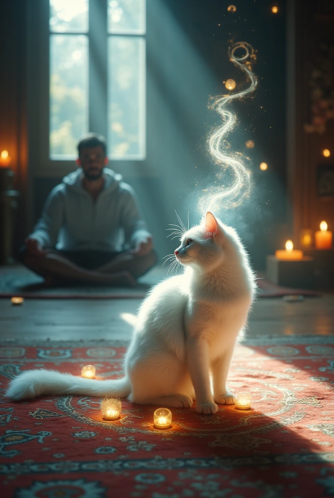 White cat on the floor on a rug surrounded by a circle of light with exuberant mystical glowing symbols around its head, in front of a man in meditation position room with candles incense, side perspective
