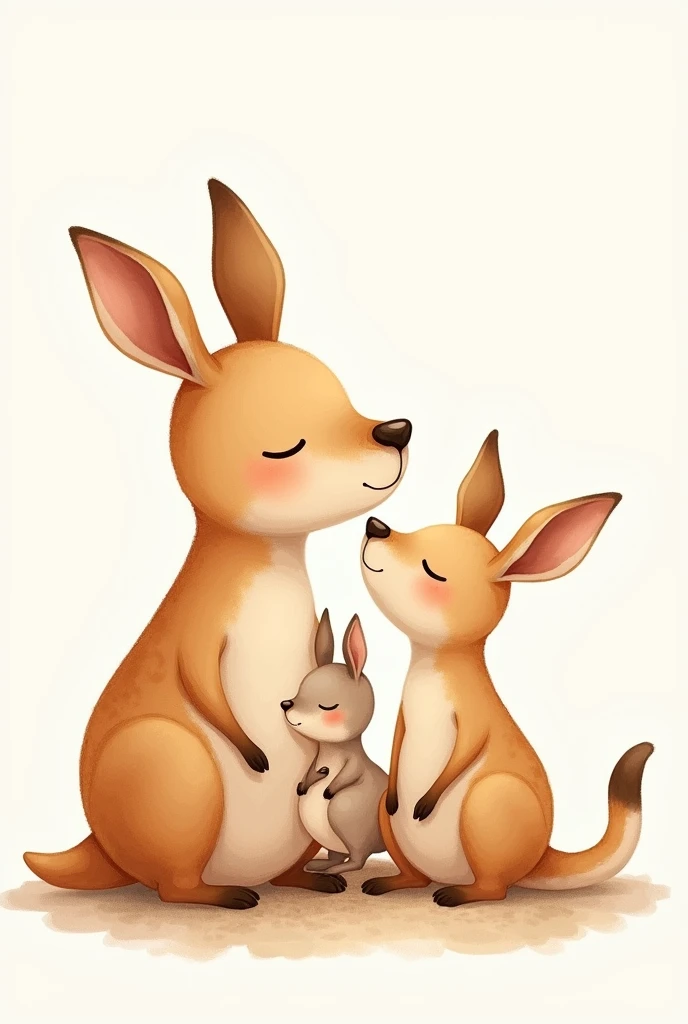 Daddy Kangaroo, Mother kangaroo with baby kangaroo in her pouch. Of the same color. Tender watercolor style